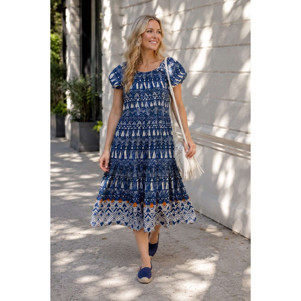 Knox‎ Rose Boho Midi Dress Large Blue White Geometric Tribal Tiered L